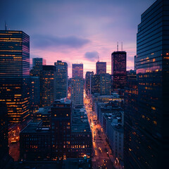Fototapeta premium Cityscape at dawn, illuminated buildings