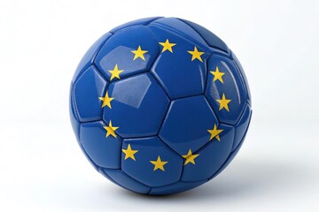 European Union Inspired Soccer Ball Resting on a White Background Showcasing Its Blue Design and Yellow Stars Generative AI