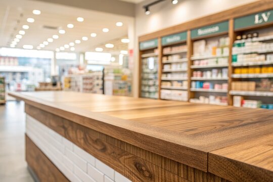 Wooden Countertop in a Pharmacy Interior With Blurred Background Showcasing Shelves and Products Generative AI