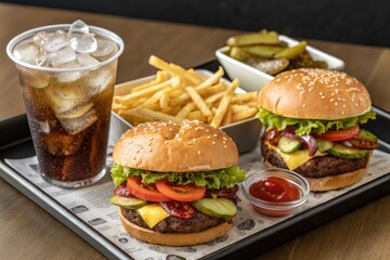 Delicious Fast Food Meal Featuring Burgers, Fries, and a Cold Drink Served on a Standard Tray Generative AI