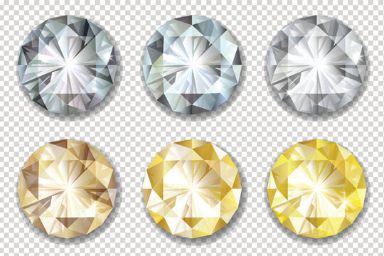 White and yellow realistic diamonds set isolated on transparent background, vector (EPS) editable illustrations