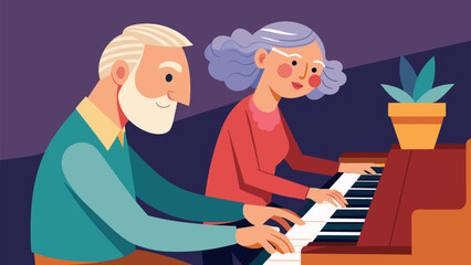 A septuagenarian couple enthusiastically picking up the basics of piano playing their wrinkled hands moving slowly across the keys.. Vector illustration