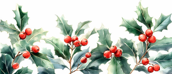 Fototapeta premium Holly berries watercolor border, festive