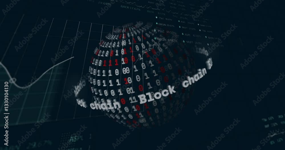 Poster binary code and financial graphs in dark theme with blockchain data animation