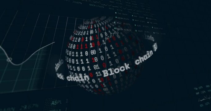 Binary code and financial graphs in dark theme with blockchain data animation