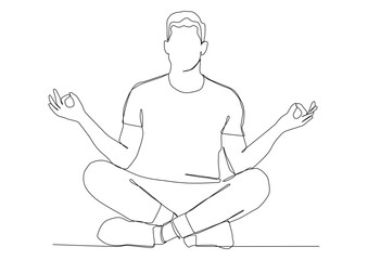 Continuous one line art of man sitting in a pose for meditation and breathing practices, relaxation concept, yoga class, calmness, simple physical activity.
