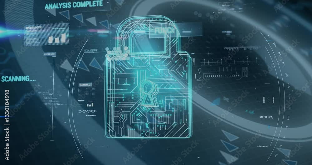 Poster futuristic digital lock with circuit patterns and data processing animation