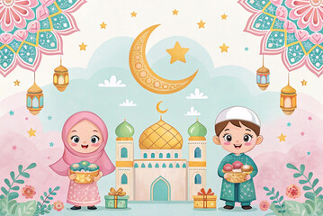 Obraz premium Cute Muslim children, Ramadan celebration, gifts, mosque, moon