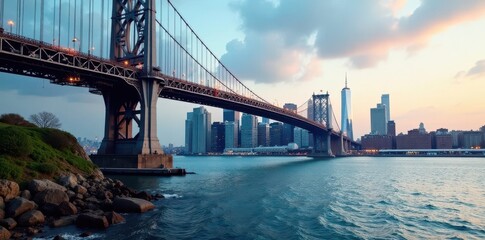 Obraz premium Modern steel bridge overlooking cityscape, connecting urban landscapes, architecture, highrise, buildings
