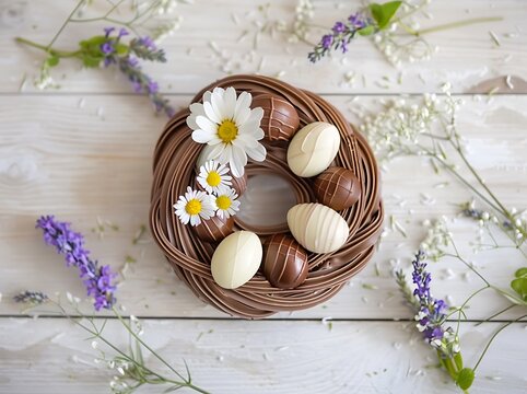 Easter-Themed Food Photography on Light Wooden Surface with Soft Pastel Background 