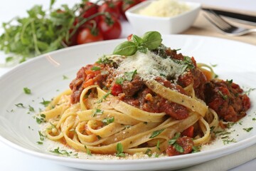 Gourmet Italian Bolognese Pasta Served With Herbs and Parmesan on a Beautiful Dinner Table Generative AI