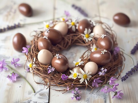 Easter-Themed Food Photography on Light Wooden Surface with Soft Pastel Background 