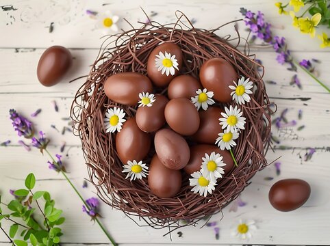 "Handcrafted Dark Chocolate Egg Nest Adorned with Piped White Icing and Fresh Edible Lavender and Daisy Flowers, Set Against a Light Wooden Surface with a Soft Pastel Background