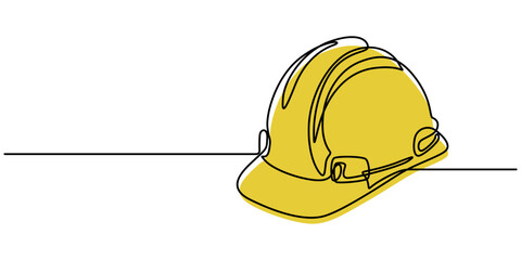 construction hat continuous one line drawing, Continuous one line drawing of labor minimalist concept Banner and logo for labor days. Vector illustration, safety helmet for safety work. Road and build