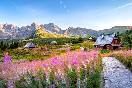 Hala Gasienicowa (Gasienicowa Valley), Tatra Mountains, Zakopane, Poland: Hiking Trail and Traditional Mountain Cottage.