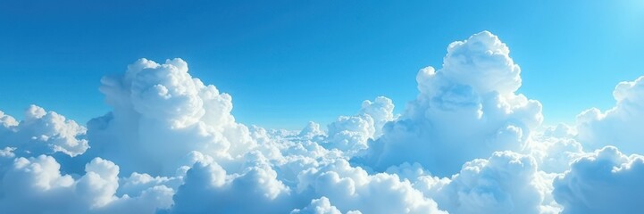 Vast azure expanse, billowing cumulus clouds dominate negative space , sunny, sky