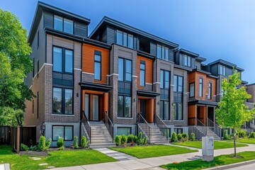 A row of modern townhouses with elegant architecture and green landscaping, premium real estate business, clean and professional composition, copy space, natural color, minimalism, stock photography