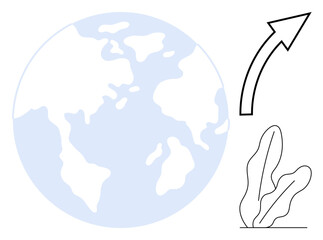 Earth graphic, upward arrow indicating growth, and minimal plant elements suggest progress, environment, and nature. Ideal for sustainability, ecology, business growth, global trends development