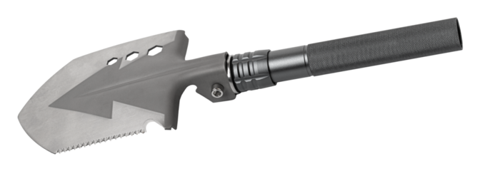 Folding shovel multitool with serrated edge for outdoor activities