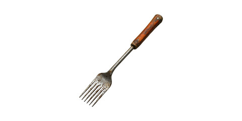 Fototapeta premium Rustic Vintage Garden Fork With Wooden Handle. Antique Gardening Tool For Soil Cultivation Isolated On Transparent Background