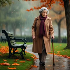 Elderly woman with cane walking in the park in autumn.