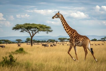 Fototapeta premium Majestic Giraffe Roams the African Savanna Under a Vast Sky With Scattered Clouds Near a Grove of Acacia Trees Generative AI