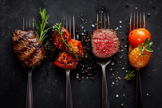 Grilled Steak and Roasted Vegetables on Forks Dark Background