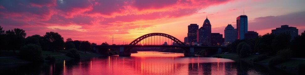 Fototapeta premium Dusk over Minneapolis; Stone Arch Bridge silhouette against vibrant sky , panorama, cityscape