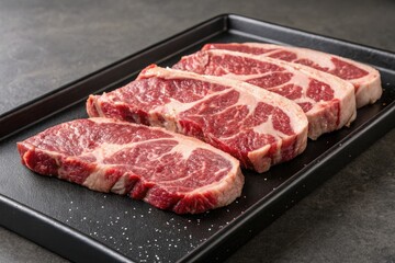 Fototapeta premium Juicy Beef Ribeye Steak Cuts Rich in Marbling Displayed on a Black Tray Ready for Cooking Generative AI
