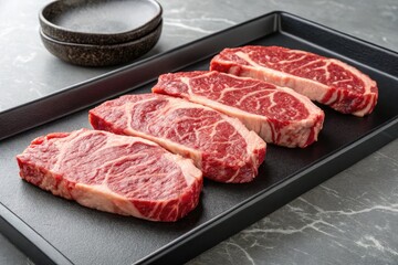 Fototapeta premium Juicy Beef Ribeye Steak Cuts Showcasing Rich Marbling on a Black Serving Platter Against a Marble Background Generative AI