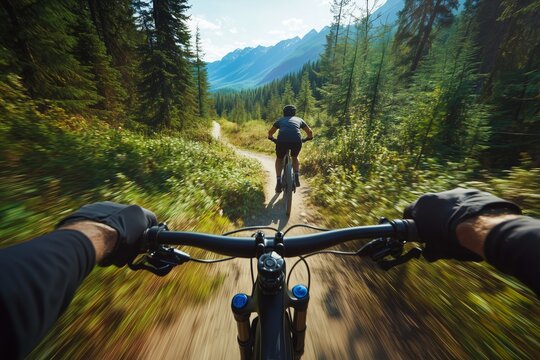 Front View of Handlebar and Armrest While Riding a Mountain Bike with a Friend in the Mountains