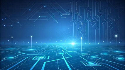 Naklejka premium Futuristic Circuit Board in Blue, Illuminated Microchip with High-Tech Digital Patterns