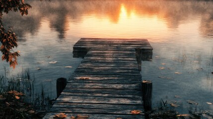 Misty sunrise over lake with wooden dock.