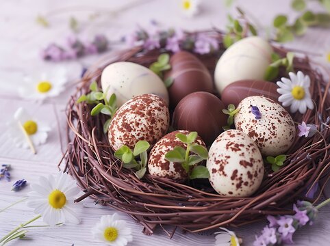 "Handcrafted Dark Chocolate Egg Nest Adorned with Piped White Icing and Fresh Edible Lavender and Daisy Flowers, Set Against a Light Wooden Surface with a Soft Pastel Background