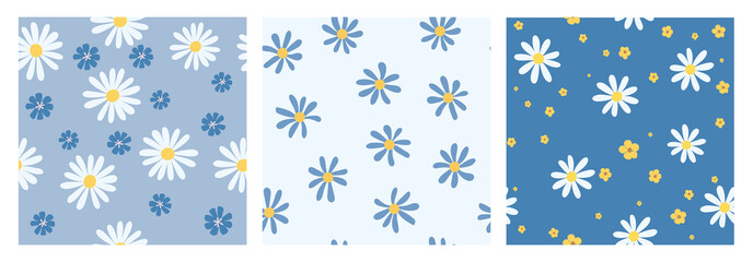 Groovy flower patterns set. Seamless endless background, floral repeating print
