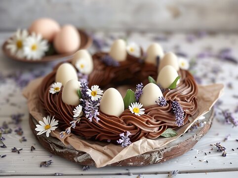 Easter-Themed Food Photography on Light Wooden Surface with Soft Pastel Background 