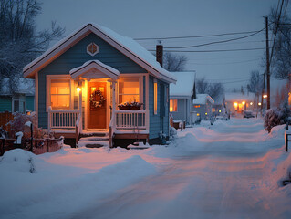 Cozy winter evening in a snow-covered street