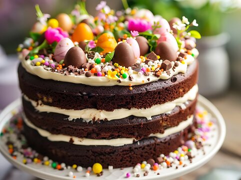A beautifully decorated, rich, and moist chocolate cake perfect for Easter celebrations. This gourmet-style chocolate layer cake is topped with creamy