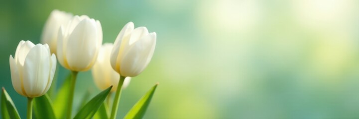 Naklejka premium Delicate white tulips in full bloom, soft focus background , petal, macro photography, tulips