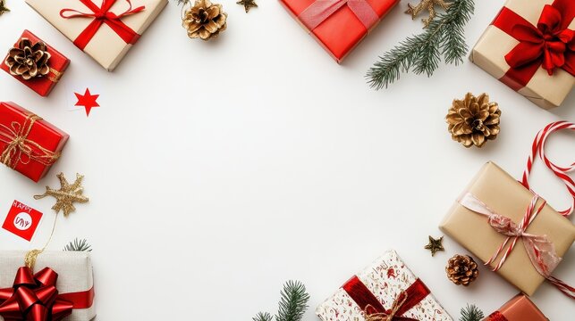 Festive Christmas Gifts and Decorations on a White Background