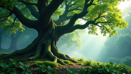 Ancient gnarled tree in misty forest, dappled sunlight, dark, sunlight