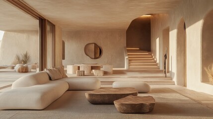Minimalist Beige Living Room Interior with Curved Sofa and Stone Tables