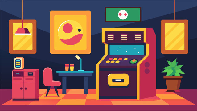A living room transformed into a vintage arcade complete with a PacMan machine as Gen Xers compete for the high score.. Vector illustration