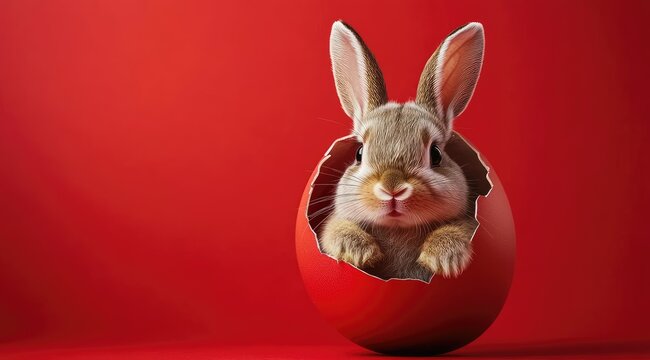 a cute Easter bunny is in the process of hatching from an egg, set against a vibrant red background.