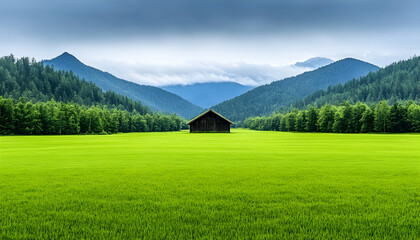Rustic wooden chalet nestled in a verdant valley