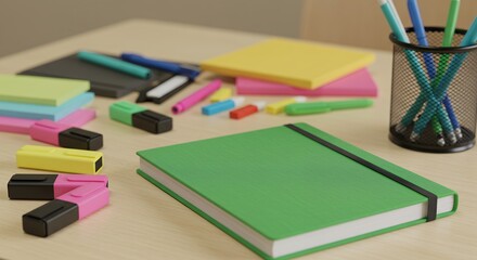 Green Notebook with Colorful Office Supplies on Desk for Planning