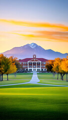 Scenic autumnal view of a school building with mountains in the background