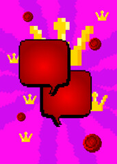 Pixelated speech bubble with geometric graphic background. Retro cartoon vector.