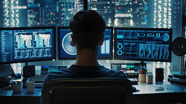 Analyst &uuml;berwacht komplexe digitale Systeme auf Hightech-Monitoren