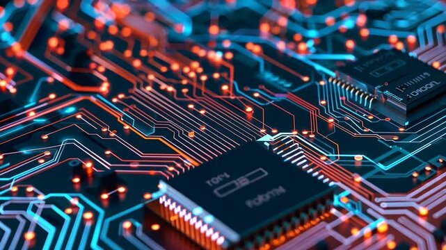Elektronische Mikrostrukturen mit roten und blauen Lichteffekten